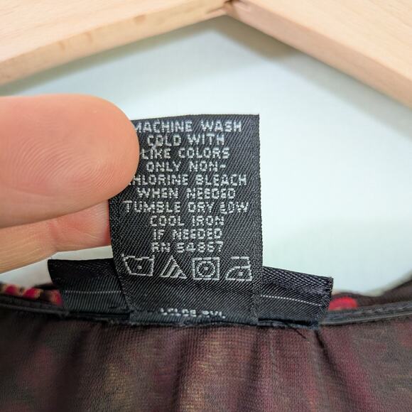 Y2K Express Mesh Top L Brown Red Floral Fairy Grunge Whimsigoth Ruffle Long Slv - Picture 11 of 11